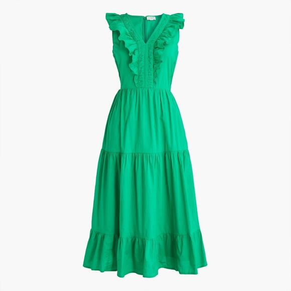 J. Crew Factory Green V-Neck Smocked Tiered Midi Dress Cotton Back Zip Size 2 - Picture 1 of 11